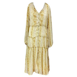 Moon River Dress Womens Sz L Beige Snake‎ Maxi Shirt Tiered Balloon Sleeve Boho